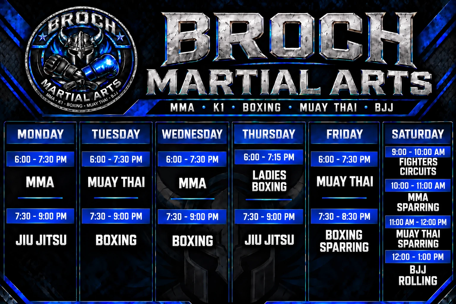 Broch Martial Arts weekly timetable, also listed as text above